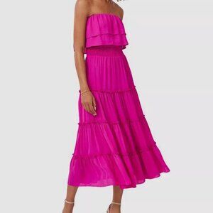 Pink Strapless Smocked Flouncy Tiered Maxi Dress